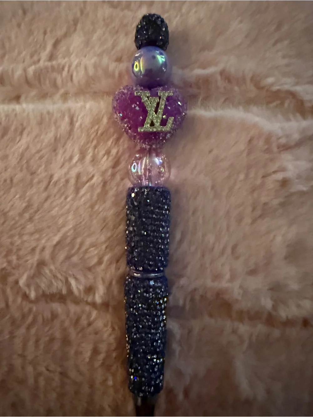 Louis Vuitton Purple Heart Beaded Phone Charm with Black Sparkle Beads